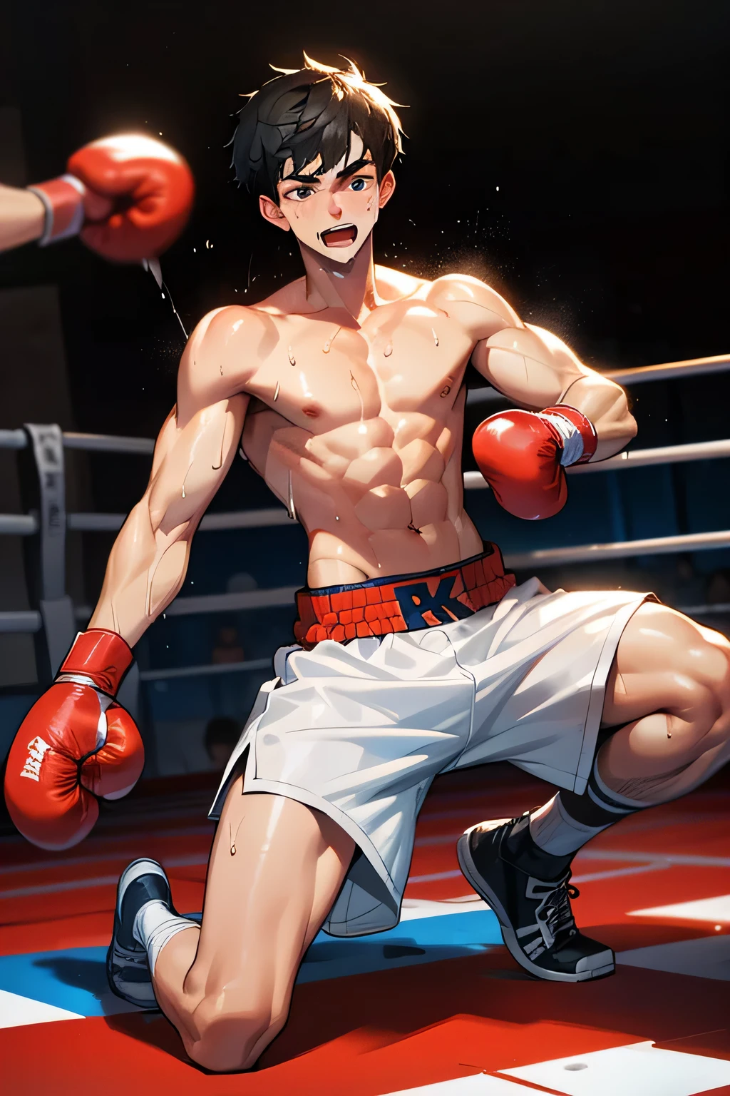 shirtless, super muscular, sweat-drenched body, 22-year old short black hair handsome caucasian male wearing boxing gloves, sweat-drenched white boxing shorts and boxing shoes, panting, getting knocked out on the floor, very exhausted, drenched with sweat, in the boxing ring