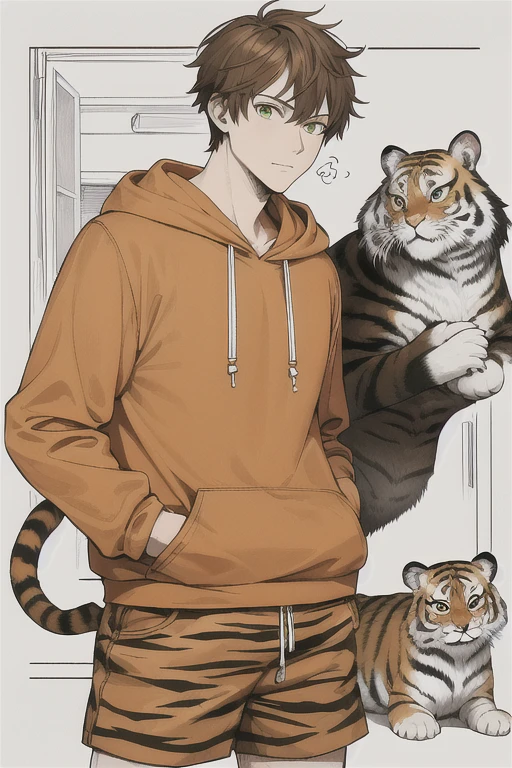 masterpiece, best quality, 1man, orange hoodie, hand in pocket, school bag, brown hair, green eyes,  street, lineart, tiger striped cat, basketball shorts, petting cat