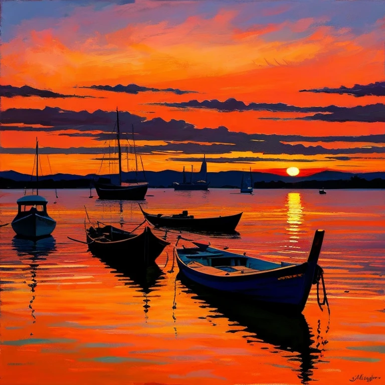 Sunset View with boats abstract painting