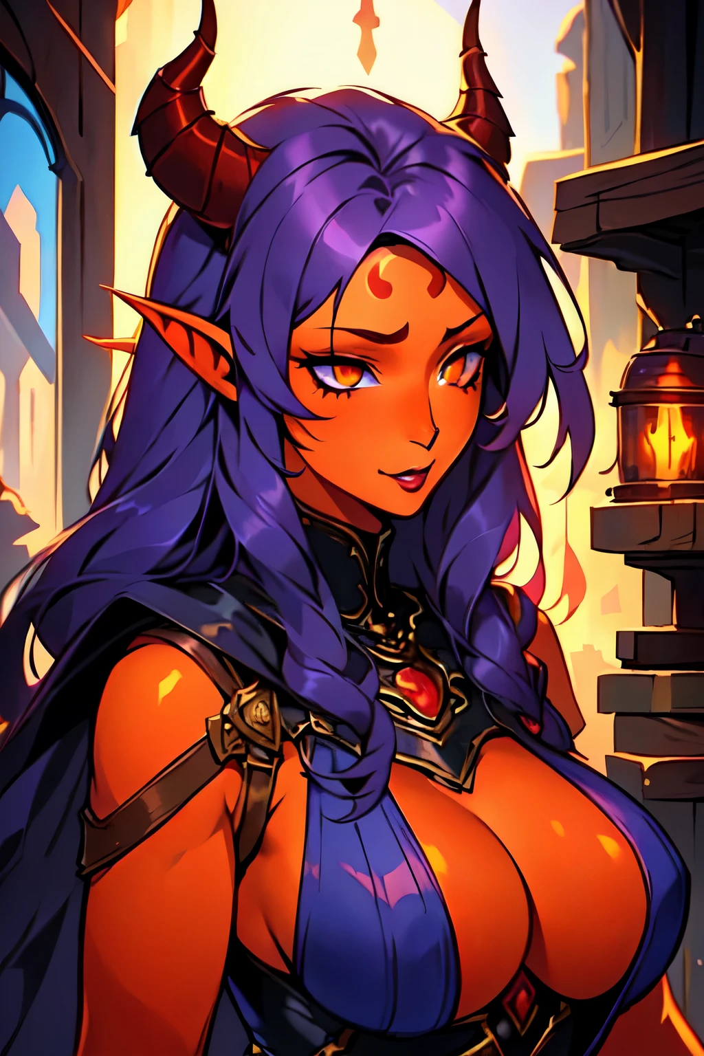 female, ((tiefling)), 1 girl, alone, dnd, artificer outfit, ((best quality)), arcane armor, ((masterpiece)), (detailed), HDR, perfect face, cloth skirt, ((long pale hair)), ((long hair)), ((purple hair)), built, fantasy workshop background, orange eyes, ((red skin)), huge size breast, demon horns, portrait, shy, drunk,