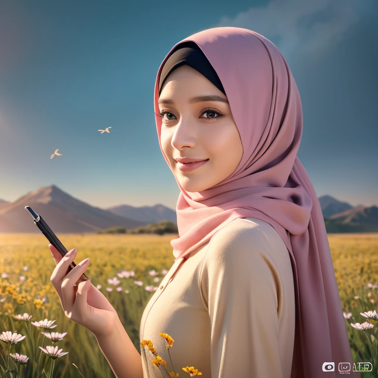 arafed woman in hijab in butterfly field, beautiful digital painting, beautiful art uhd 4k, beautiful digital artwork, beautiful digital illustration, very beautiful portrait, beautiful detailed portrait, beautiful digital art, very digital art beautiful, stunning digital painting, detailed beauty portrait, beautiful digital painting, 4k detailed painting, beautiful beautiful digital art, UHD, realistic, faint smile