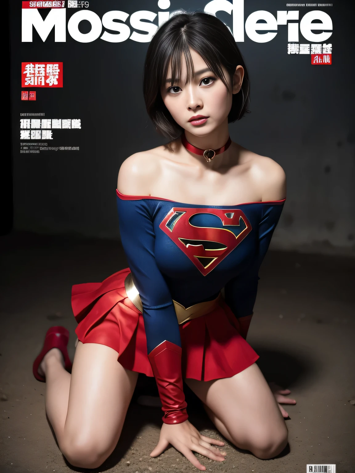 masterpiece、supergirl costume、short hair、barefoot、big and full breasts、Crisis situation、prison、camp、kneel down、sweaty、shiny、look at the camera、provoke、Estrus、choker、Weekly magazine cover、long sleeve、red mini skirt、humiliating、seductive pose、Glamorous、off shoulder、model body shape、Oily Skin、charm、charming、abused、underground imprisonment、