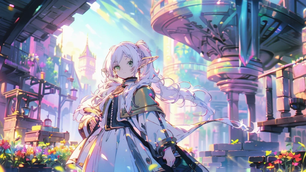 ((highest quality, super detailed,:1.3)),(White hair,elfs ears,green eyes,shining eyes,small,small Rounded eyebrows ,long hair,twin tail:1.2),Flower Meadow,castle, (landscape photography:1.1), (highly detailed background:1.2),(cowboy shot:1.2)