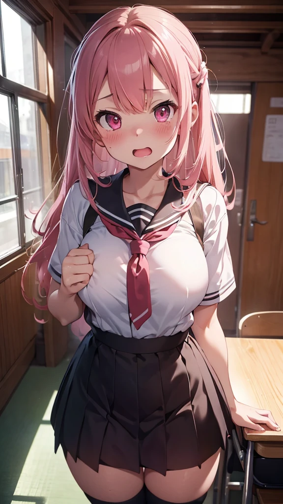 mastute piece,Best Quality,insanely detailed,8k cg,
shoot upper body,
1girl,standing,body in front,looking at viewer,(serafuku:1.2),
blush,shy,(trembling:1.2),pink hair,break,open mouth,large breast,classroom,
