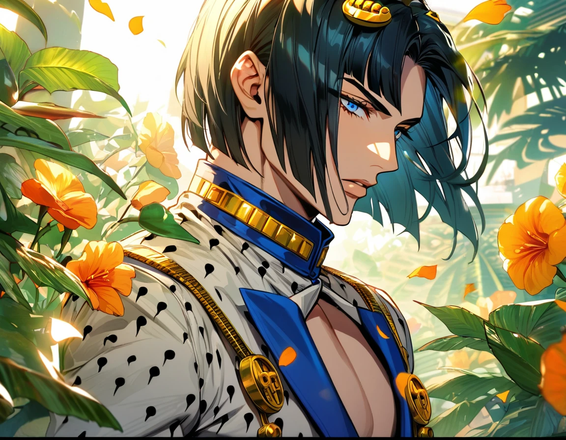 Ultra detailed, highres, absurdres, HDR, Bruno Bucciarati, black chin-length hair with straight-cut bangs on his forehead, his hair is adorned with golden clip surmounted on each side of his bangs, blue eyes, JoJo bizarre adventure, green leaves, flowers and petals, summer, 1 man only, handsome
