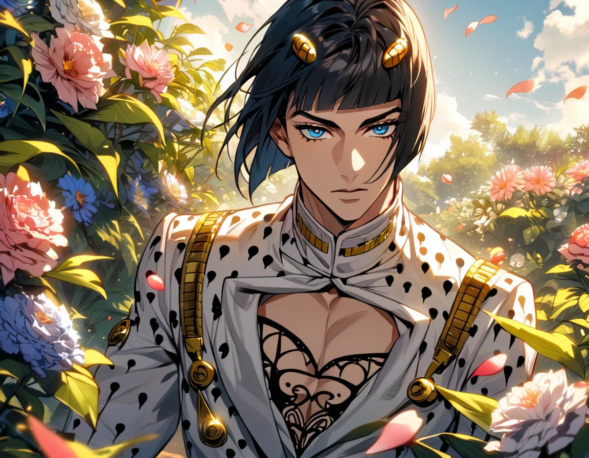 Ultra detailed, highres, absurdres, HDR, Bruno Bucciarati, black chin-length hair with straight-cut bangs on his forehead, his hair is adorned with golden clip surmounted on each side of his bangs, blue eyes, JoJo bizarre adventure, green leaves, flowers and petals, summer, 1 man only, handsome