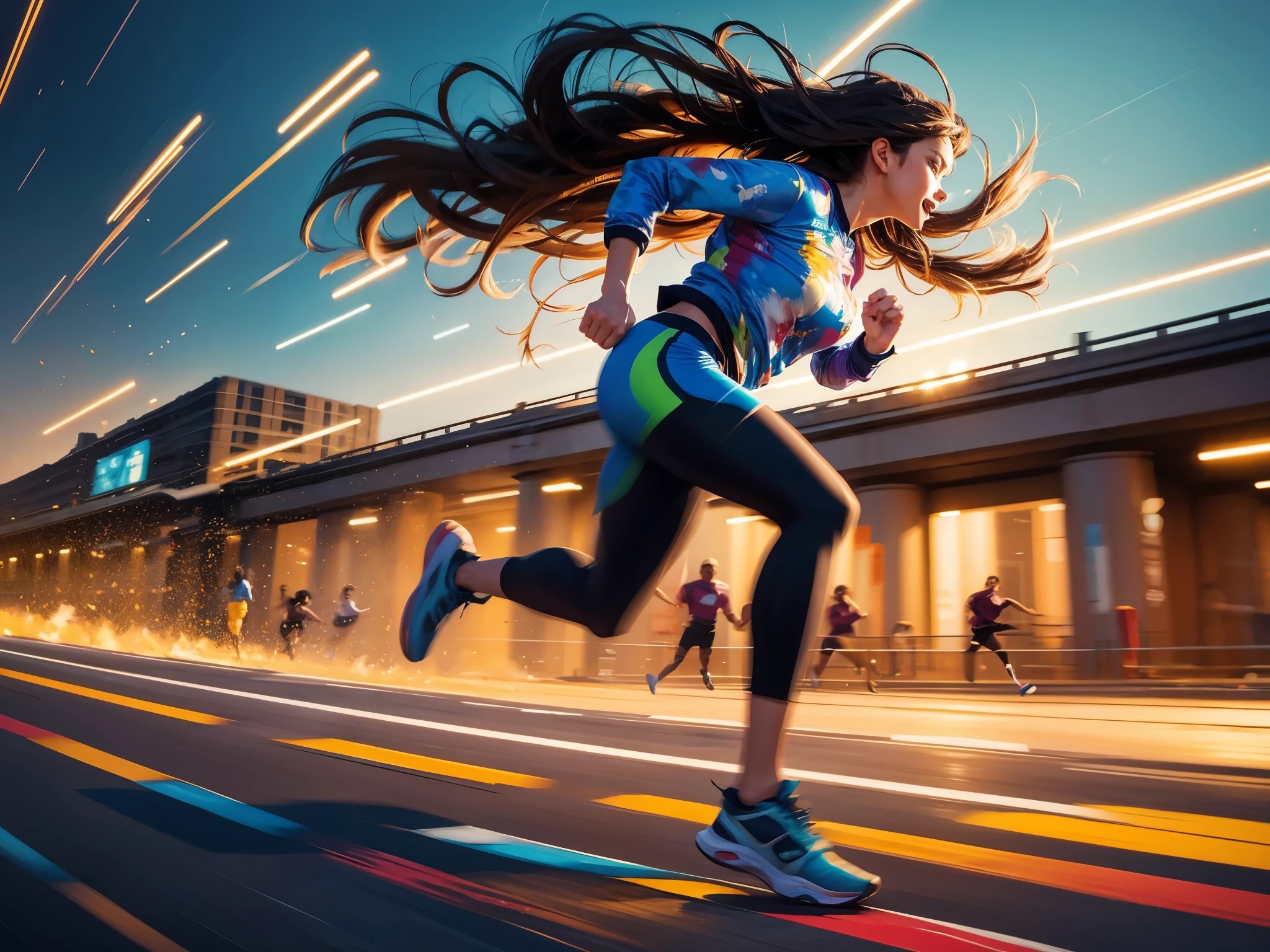 (a girl running at high speed),(oil painting),(blurred background),(best quality, realistic),vibrant colors, dynamic composition, brush strokes, energetic atmosphere, flowing hair, determined expression, lively movement, motion blur effect, intense speed, sense of freedom, joyful spirit.