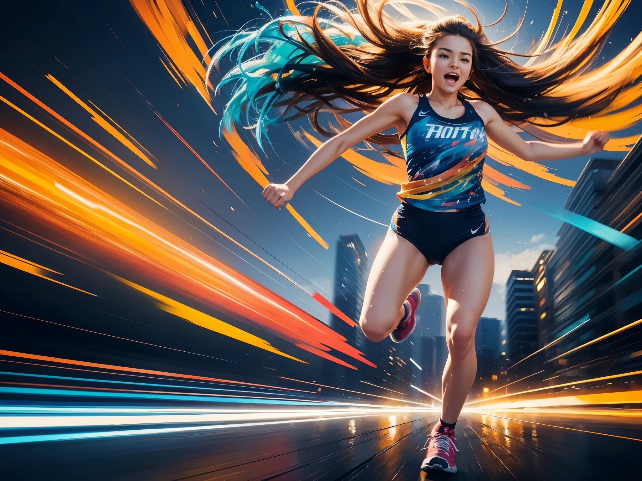 (a girl running at high speed),(oil painting),(blurred background),(best quality, realistic),vibrant colors, dynamic composition, brush strokes, energetic atmosphere, flowing hair, determined expression, lively movement, motion blur effect, intense speed, sense of freedom, joyful spirit.