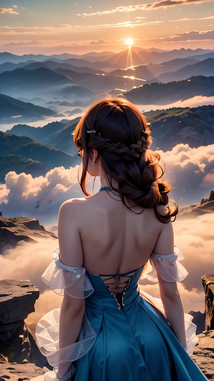 European and American women,one person,18 years old,beautiful back view,Standing on the top of the mountain,Facing the sunset,Look at the sea of clouds,