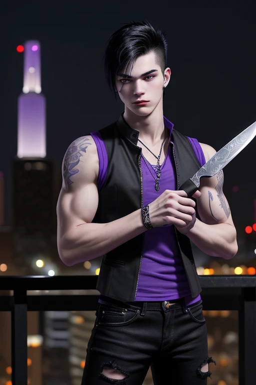 20-year-old Russian-looking man, black hair, punk, purple shirt with black vest, dragon symbol, purple print, slim muscular build, blue jeans, looking straight at the viewer on a background of the city of New Orleans at night while holding a knife in his hand 