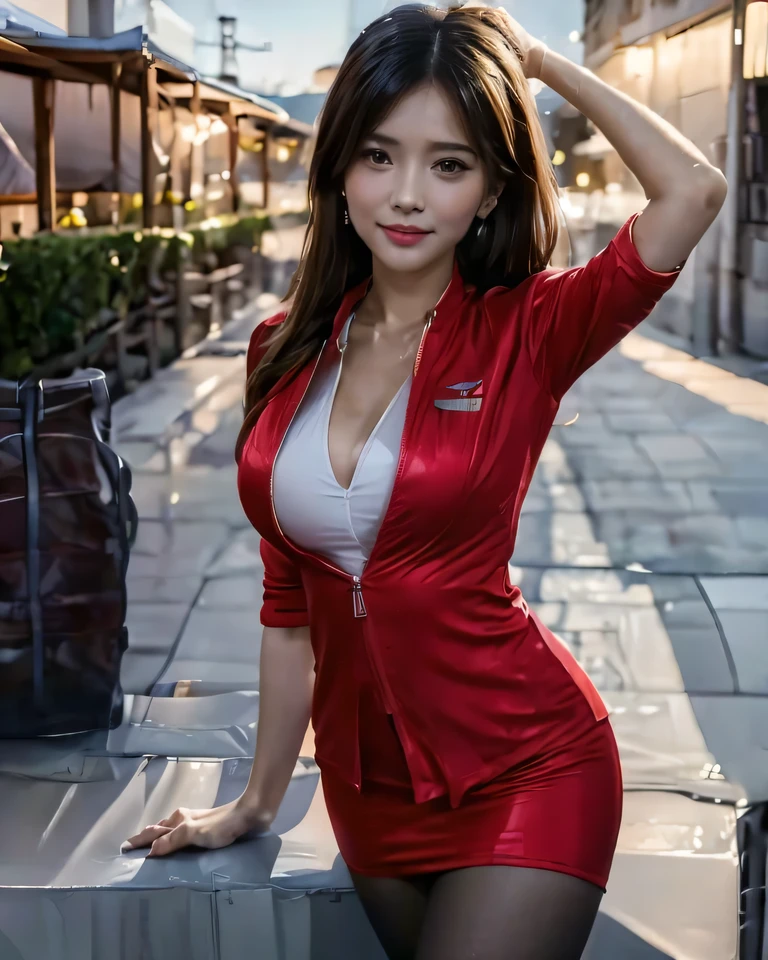 (masterpiece:1.2, highest quality:1.2), 32K HDR, High resolution, (alone, 1 girl), (Ultra-realistic portrait of an AirAsia stewardess in uniform), neat woman, beautiful face, dark brown hair, (Long hair down to the waist), (red jacket:1.1, Unzipped jacket, unbuttoned white shirt:1.05, red mini skirt:1.1, pantyhose), perfect slim body:1.1, big breasts, huge cleavage, (show cleavage), detailed skin texture, fine eyes, (fascinating look:1.2), forward leaning posture:1.5、necklace、earrings、(Night view background, bright lighting),blue eyes、show your ears、Don't cover your ears with hair、long shot