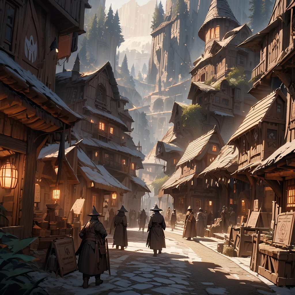 Huge medieval western magical city, many tree houses among the human houses, a huge tree in the distance, in the center of the picture is a witch divination house with a sign with a witch's logo, very few passers-by, best quality, beautiful picture, extreme detail, masterpiece, cinematic light, masterpiece, impasto
