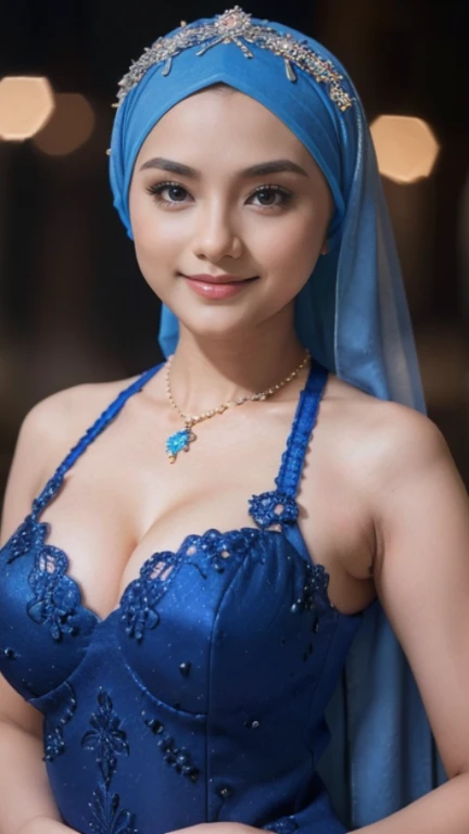 Beautiful, cute baby Face, russian lolita Girl,e eyes, (wearing hijab) and sexy kebaya dress, Rounded small Breast, cleavage cutout, slightly Chubby , luxury necklace, White Skin, Smiling, Dark City Background, mid shot, upper body, Perfect Potrait, Bokeh Effect, Look at Viewer, Armpit, Perfect Eye, Perfect Hand, Perfect Finger, Bracelet, Ring, small breast, ((adorable:1.2)), ((masterpiece:1.1)), ((bokeh:1.2)),