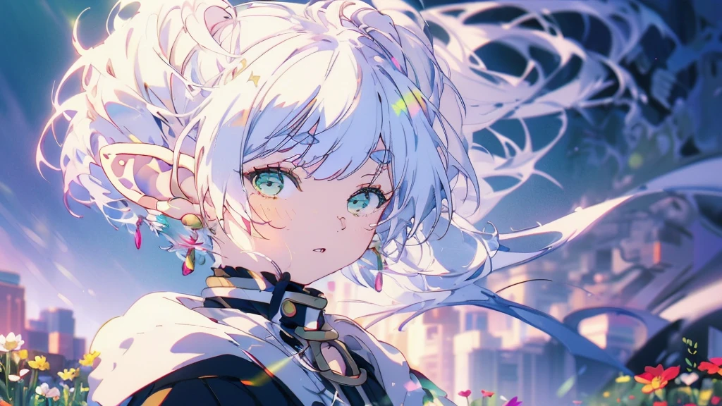 ((highest quality, super detailed woman:1.3)),(White hair,elfs ears,green eyes,shining eyes,small,small Rounded eyebrows ,long hair,twin tail:1.2),Flower Meadow, (landscape photography:1.1), (highly detailed background:1.2),(cowboy shot:1.2)