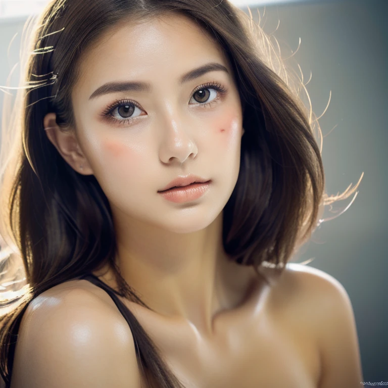 1 beautiful girl, (portrait, bright lighting on the face:1.5), facing upper body, fitness body, having abs, naked, accurate human well-proportioned body, masterpiece, Best Quality, Photo-realistic, Ultra-detailed, High resolution, 8K Wallpaper, 20 years old, European and Japanese mixed face, (fine-featured face, light makeup, :1.5), elegant, intelligent, sporty, dark brown messy long hair, long limbs, huge and well balanced round breasts, double eyelid, big pupils, Beautiful detailed eyes, Detailed realistic skin texture, Perfect dynamic composition, Basement background, concrete wall background, 