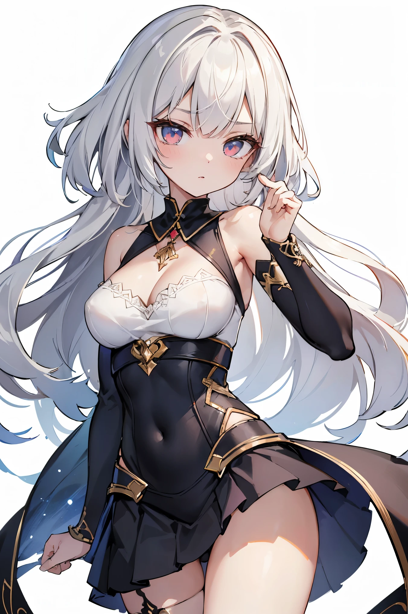 1girl, anime, cute girl, blank background, white background, fantasy, detailed fantasy dress with highlights, beautiful face, beautiful eyes, dark colors, black hair with multicolor streaks, red eye with different color pupil in eye, multicolor eye, medium small breasts (slightly big), slight cleavage, beautiful skin, cute, breast curtains, extremely delicate and beautiful, (beautiful detailed face:1.0), (detailed deep eyes), symmetrical breasts, deep eyes, shiny skin, portrait, slender waist, hips wider than shoulders, thighs, expressionless, young girl, luminous eyes, adorable,(Kpop idol),(aegyo sal:1),(Platinum blonde hair:1),((puffy eye)),Black panty,sexy posture,Superskirt, ultra high resolution,Black collar,slim figure, Abdominal y tattoo, womb tattoo,Tight-fitting leg ring,y tattoo on half-body,Bare skin, Armored hand,Hidden fingertips,Hand covered,Arm covered,Fist covered,{{beautiful detailed fingers}}, tufts of hair, moderate beautiful breast:1.0,(masterpiece:1.2), best quality, high-res, HDR, perfect face, intricate armor, delicate blue filigree, intricate filigree, red metalic parts, detailed part, dynamic pose, dynamic lights, cute face