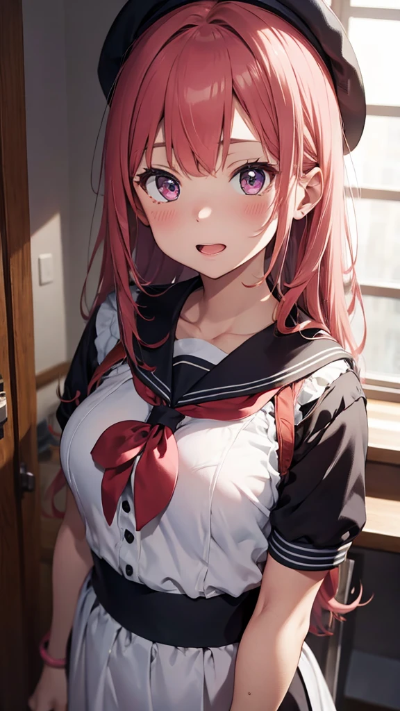 mastute piece,Best Quality,insanely detailed,8k cg,
shoot upper body,
1girl,standing,body in front,looking at viewer,(serafuku:1.2,sailor hat),
blush,shy,(trembling:1.2),pink hair,break,open mouth,large breast,classroom,