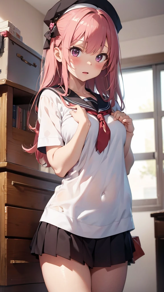 mastute piece,Best Quality,insanely detailed,8k cg,
shoot upper body,
1girl,standing,body in front,looking at viewer,(serafuku:1.2,sailor hat),
blush,shy,(trembling:1.2),pink hair,break,open mouth,large breast,classroom,