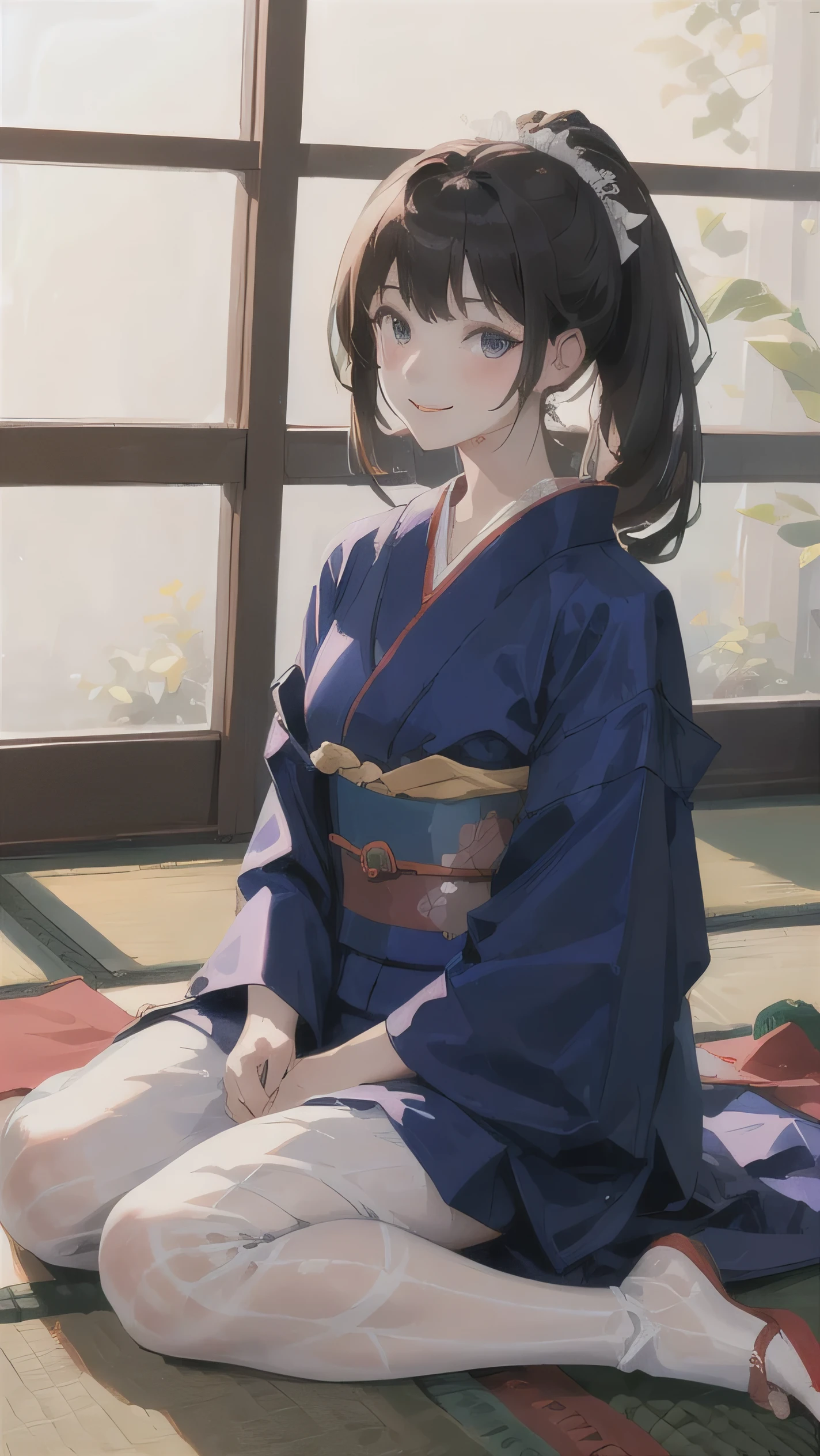 1girl, adult, long white Ponytail, purple eyes, wearing Black Kimono, smile, Japanese home, big bob, absurdres, high detailed eyes and face, high res, ultrasharp, 8K, masterpiece, photorealistic, High quality, sitting