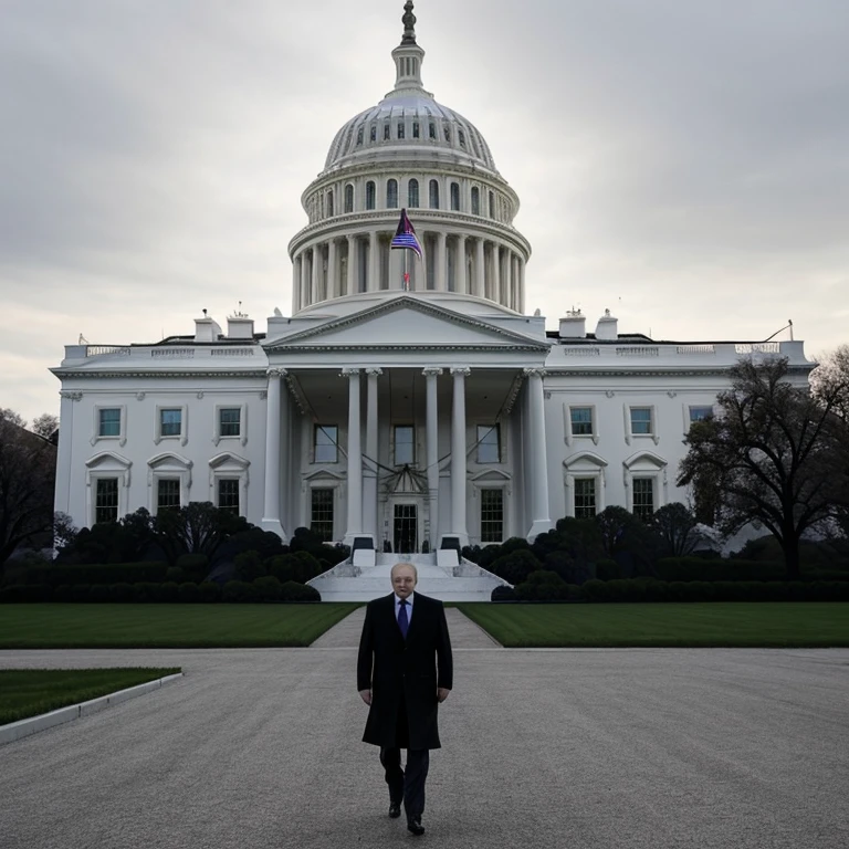 Vladimir Putin as the president of the united states of America, silhouette White house in Washington, Russian federation flag 🇷🇺