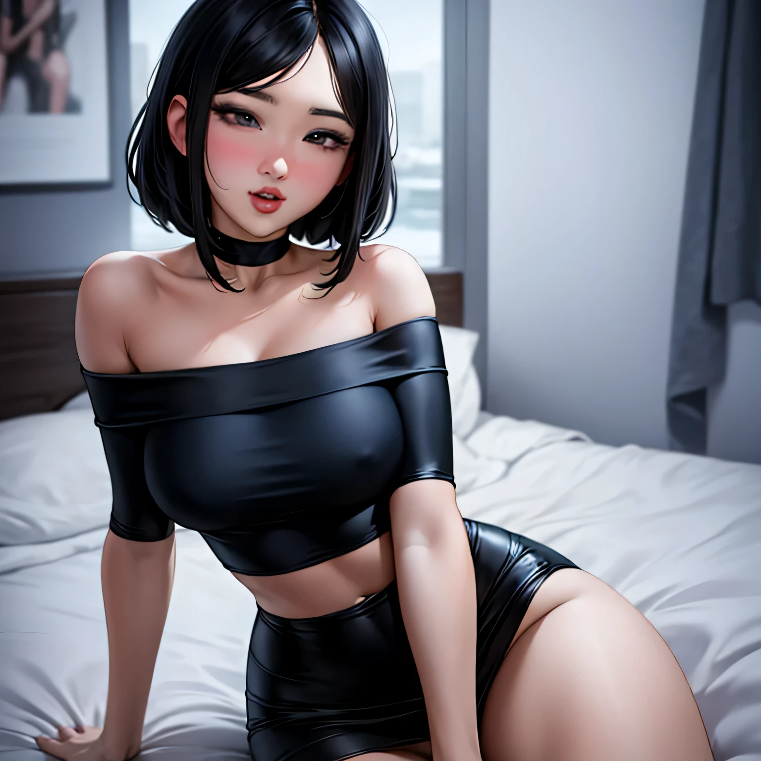 Sexy woman, black hair, off shoulder crop top, miniskirt, wide hips, thick thighs, beautiful face, amazing body, sultry pose, lustful expression