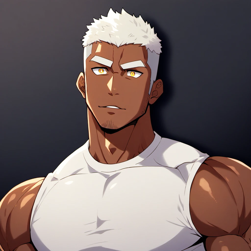anime characters:Gyee, Fitness coach, Chocolate skin, 1 muscular tough guy, Manliness, male focus, Cream White Sleeveless Tight T-Shirt, Very tight, The pectoral muscles are oversized, Slightly transparent, muscular male, muscular, only, Upper body, alone, White short hair, Thick eyebrows, stubble, Yellow eyes, Black background, simple background, amazing quality, best aesthetics, Ridiculous, bright pupils, crew cut, parted lips, seductive smile, torogao, naughty face, drop shadow, best quality