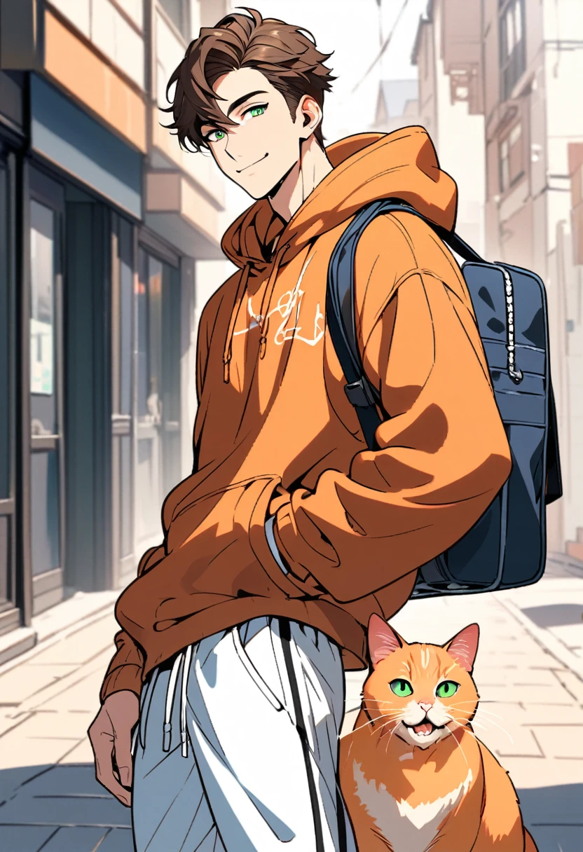 Handsome, solo, 1 male, short hair, 1man, orange hoodie, hand in pocket, school bag, brown hair, green eyes, street, lineart, orange cat, basketball shorts, smile facial
