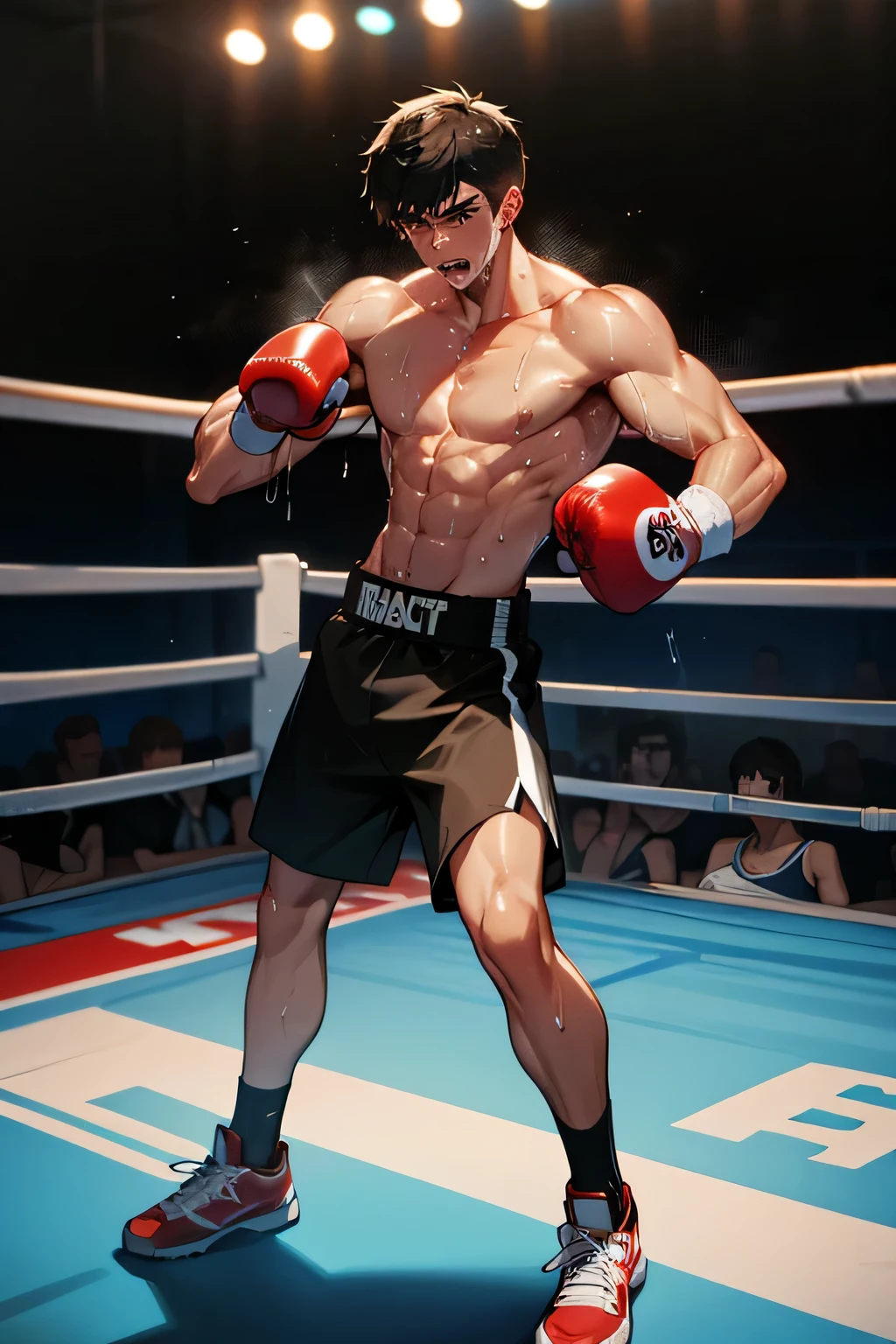 shirtless, super muscular, sweat-drenched body, 22-year old short black hair handsome caucasian male wearing boxing gloves, sweat-drenched white boxing shorts and boxing shoes, panting, getting knocked out in the ring, very exhausted, drenched with sweat, in the boxing ring