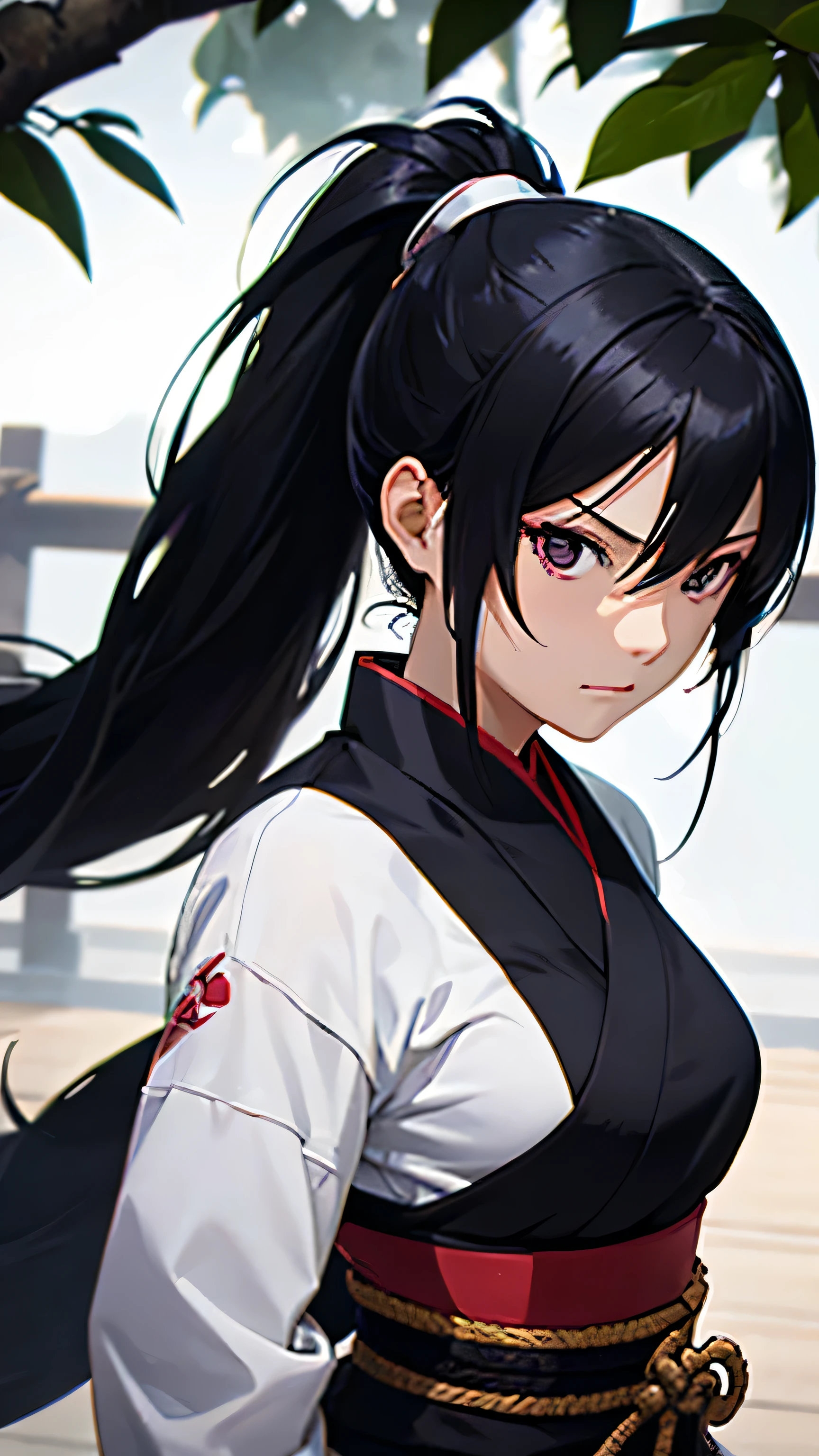Describe the strongest female ninja。Her name is Tsuruhime。A proud, strong and noble woman。He is glaring at me.。Naked and defeated。black hair。ponytail。white clothes