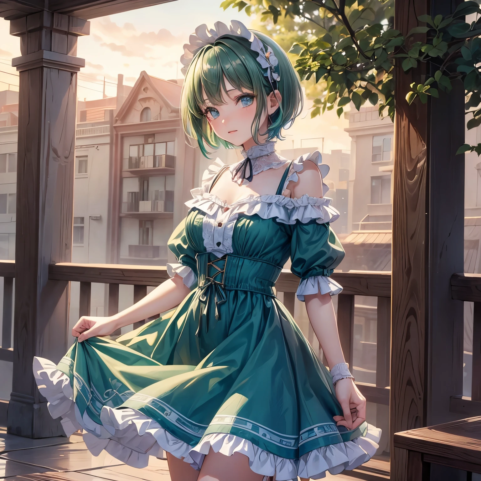 very cute girl、(())、Light green hair、short long hair、(Bangs longer than shoulders)、(Beautiful, vibrant and gorgeous dress)、white lace panties、I can see your panties、Silver tiara on head、smile、open your mouth、Skirt swaying in the wind