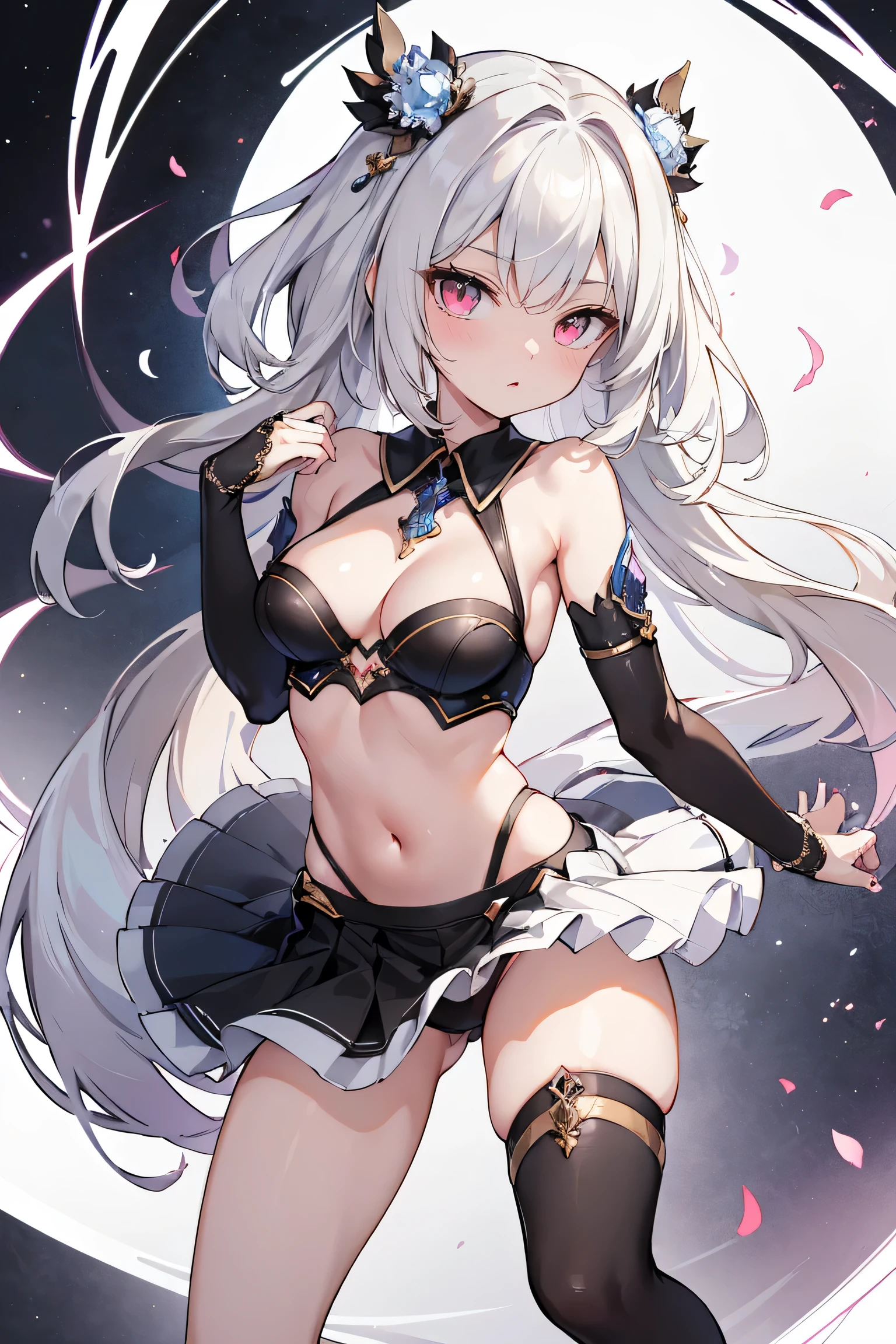 1girl, anime, cute girl, blank background, white background, fantasy, detailed fantasy dress with highlights, beautiful face, beautiful eyes, dark colors, black hair with multicolor streaks, red eye with different color pupil in eye, multicolor eye, medium small breasts (slightly big), slight cleavage, beautiful skin, cute, breast curtains, extremely delicate and beautiful, (beautiful detailed face:1.0), (detailed deep eyes), symmetrical breasts, deep eyes, shiny skin, portrait, slender waist, hips wider than shoulders, thighs, expressionless, young girl, luminous eyes, adorable,(Kpop idol),(aegyo sal:1),(Platinum blonde hair:1),((puffy eye)),Black panty,sexy posture,Superskirt, ultra high resolution,Black collar,slim figure, Abdominal y tattoo, womb tattoo,Tight-fitting leg ring,y tattoo on half-body,Bare skin, Armored hand,Hidden fingertips,Hand covered,Arm covered,Fist covered,{{beautiful detailed fingers}}, tufts of hair, moderate beautiful breast:1.0,(masterpiece:1.2), best quality, high-res, HDR, perfect face, intricate armor, delicate blue filigree, intricate filigree, red metalic parts, detailed part, dynamic pose, dynamic lights, cute face