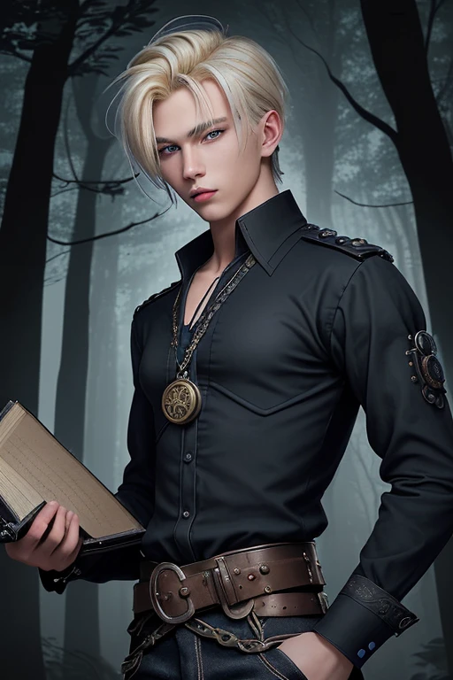 20 year old man blonde hair with blue locks Steampunk clothing black shirt black jeans slim muscular build arcane medallion looking straight at viewer in foggy night forest background black belt with star-shaped buckle holding a book