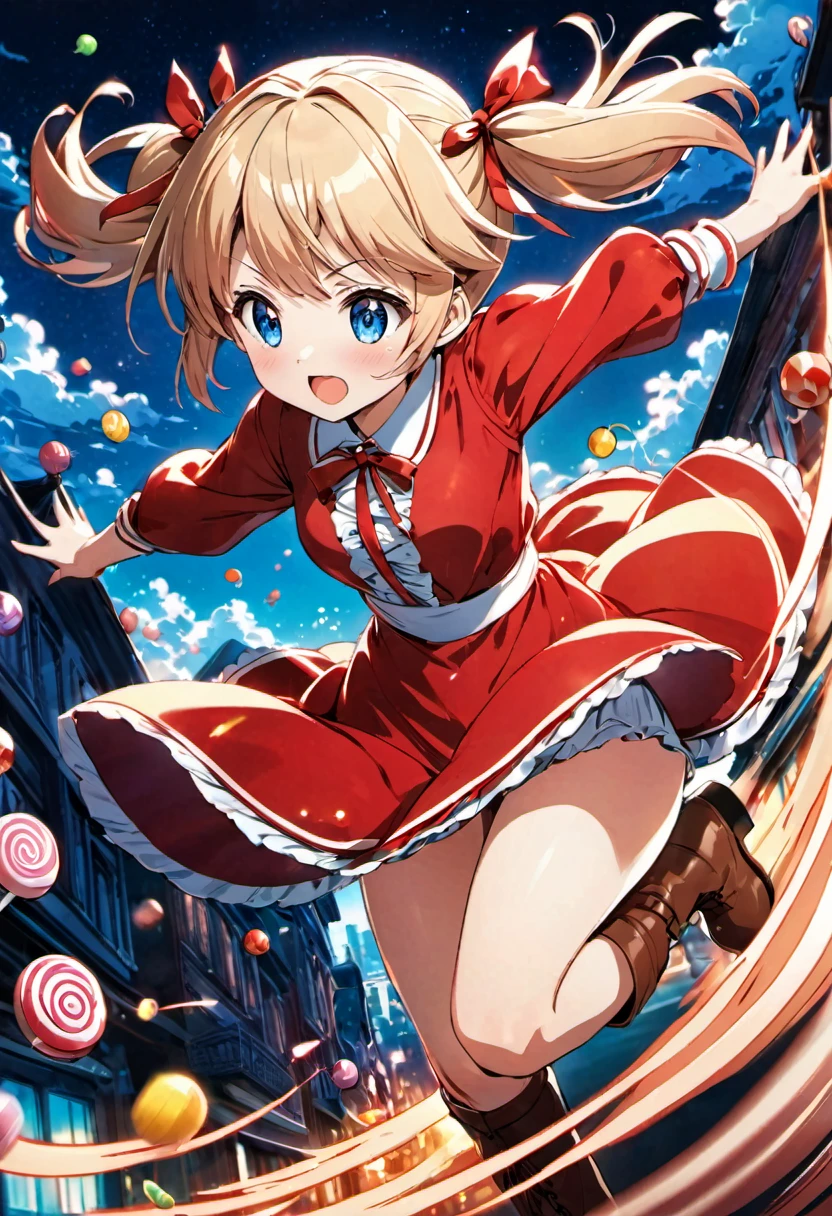 magical motion blur. (best quality, highres, ultra sharp), (motion blur:1.2), Candy Candy\' by Toei Animation, detailed art style, vintage aesthetic, emotional melodrama, inspired by Keiko Nagita and Yumiko Igarashi's original manga, Motion Blur, city night food, Blonde, twintails, boots, red dress, ribbon, blue eyes, detailed candy candy character features, magical sky, starts, clouds, Motion Blur landscape, motion blur and motion blur, comic,