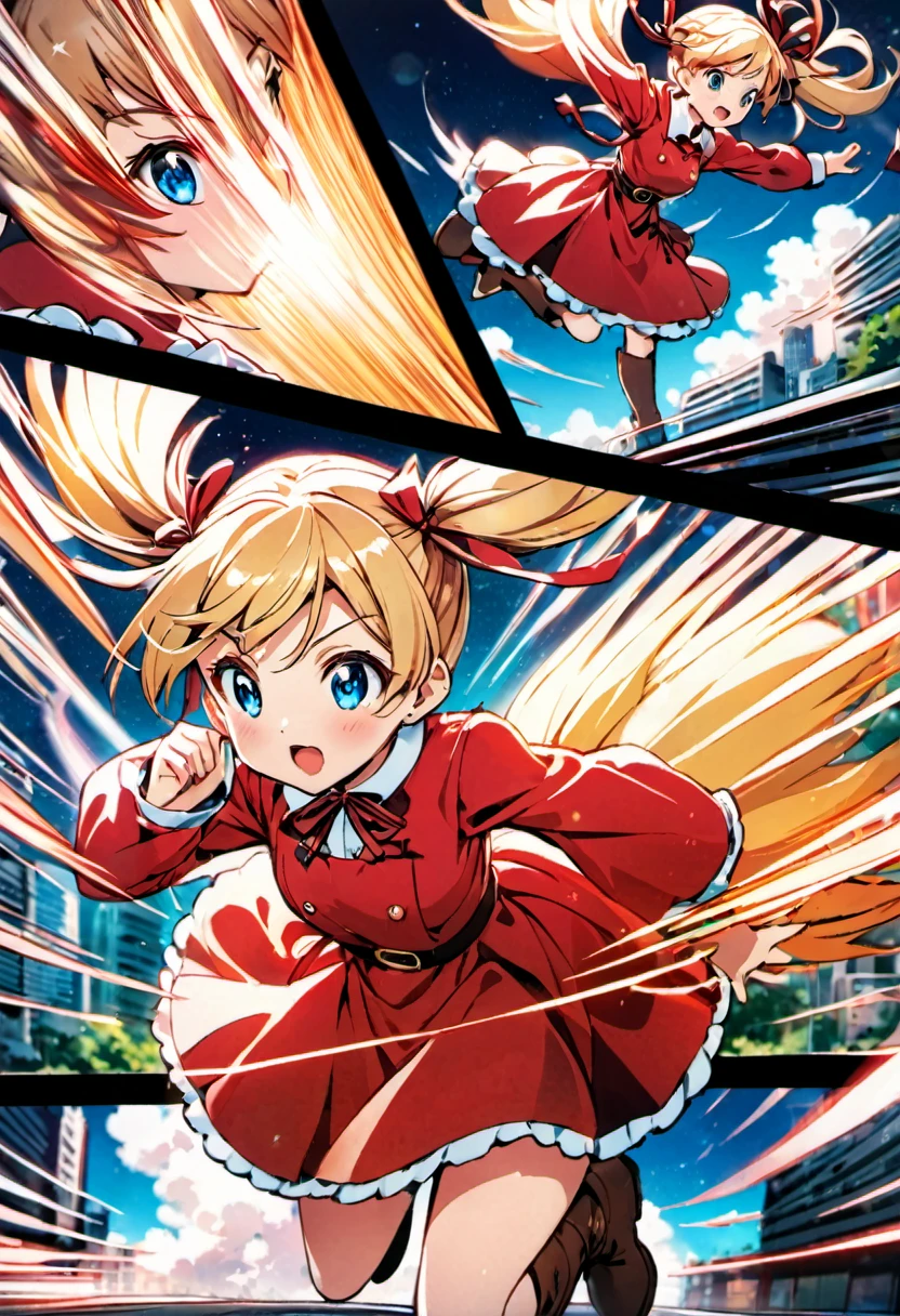 magical motion blur. (best quality, highres, ultra sharp), (motion blur:1.2), Candy Candy\' by Toei Animation, detailed art style, vintage aesthetic, emotional melodrama, inspired by Keiko Nagita and Yumiko Igarashi's original manga, Motion Blur, city night food, Blonde, twintails, boots, red dress, ribbon, blue eyes, detailed candy candy character features, magical sky, starts, clouds, Motion Blur landscape, motion blur and motion blur, comic,