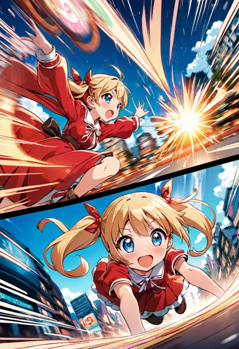 magical motion blur. (best quality, highres, ultra sharp), (motion blur:1.2), Candy Candy\' by Toei Animation, detailed art style, vintage aesthetic, emotional melodrama, inspired by Keiko Nagita and Yumiko Igarashi's original manga, Motion Blur, city night food, Blonde, twintails, boots, red dress, ribbon, blue eyes, detailed candy candy character features, magical sky, starts, clouds, Motion Blur landscape, motion blur and motion blur, comic,