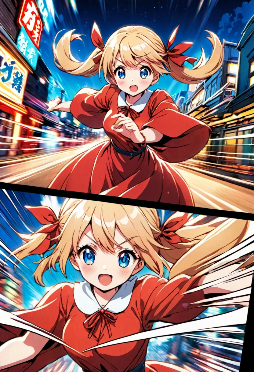 magical motion blur. (best quality, highres, ultra sharp), (motion blur:1.2), Candy Candy\' by Toei Animation, detailed art style, vintage aesthetic, emotional melodrama, inspired by Keiko Nagita and Yumiko Igarashi's original manga, Motion Blur, city night food, Blonde, twintails, boots, red dress, ribbon, blue eyes, detailed candy candy character features, magical sky, starts, clouds, Motion Blur landscape, motion blur and motion blur, comic,