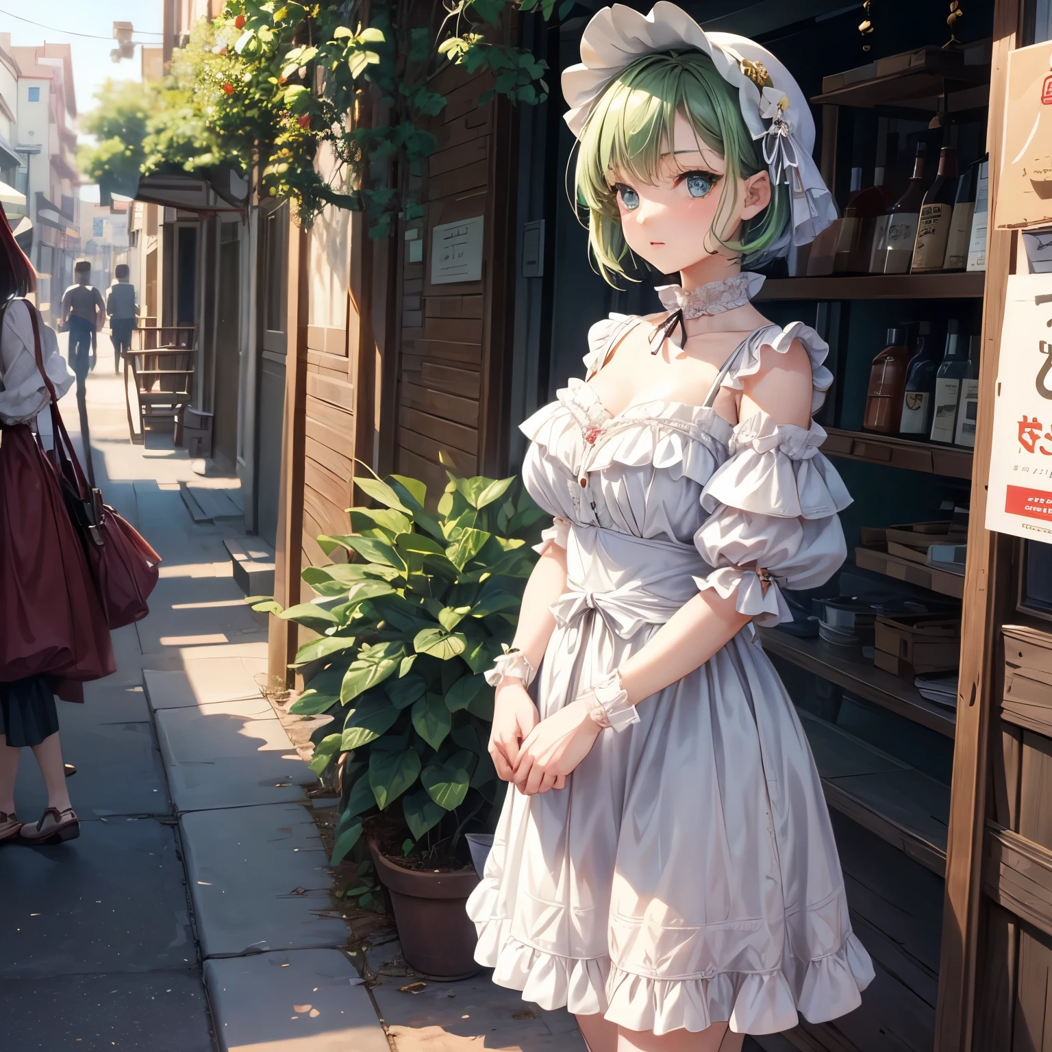 (Cowboy shooting), SFW,  (masterpiece), (best quality:1.0), (ultra high definition:1.0), delicate eyes, rest , Mars YJ, Green Skin, short hair, 1 girl, Sweet_Lolita, rest, (street, indoors,  beautiful scenery)