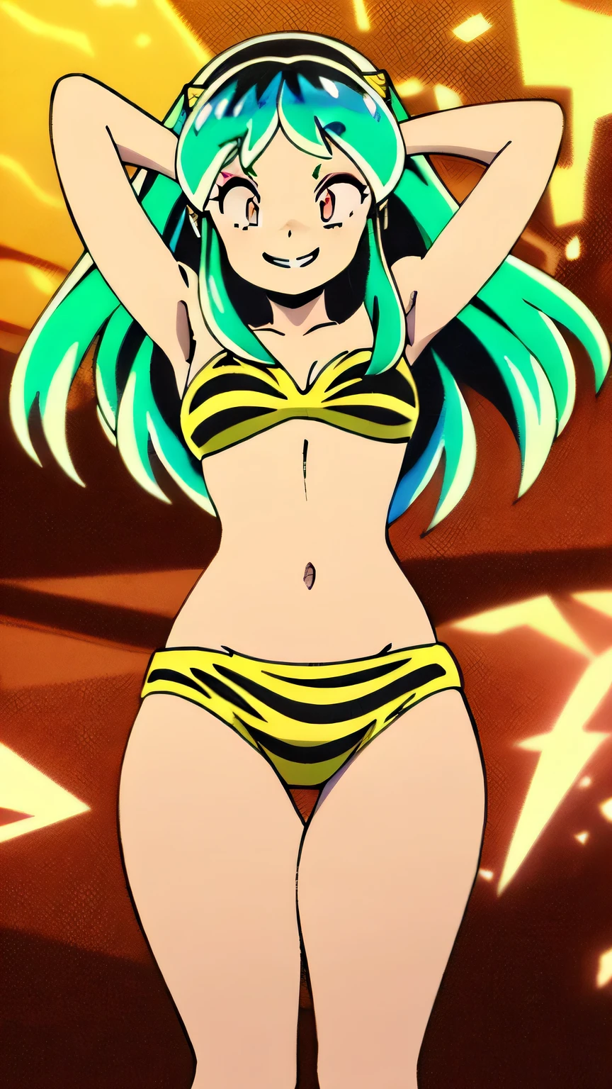 Lum, Medium , nymph pose, happy smile, green and black hair, black and yellow striped bikini, two piece body wear, Lovely Lum, thick thighs, high quality, detailed, normal hands, normal eyes, navel, looking at viewer