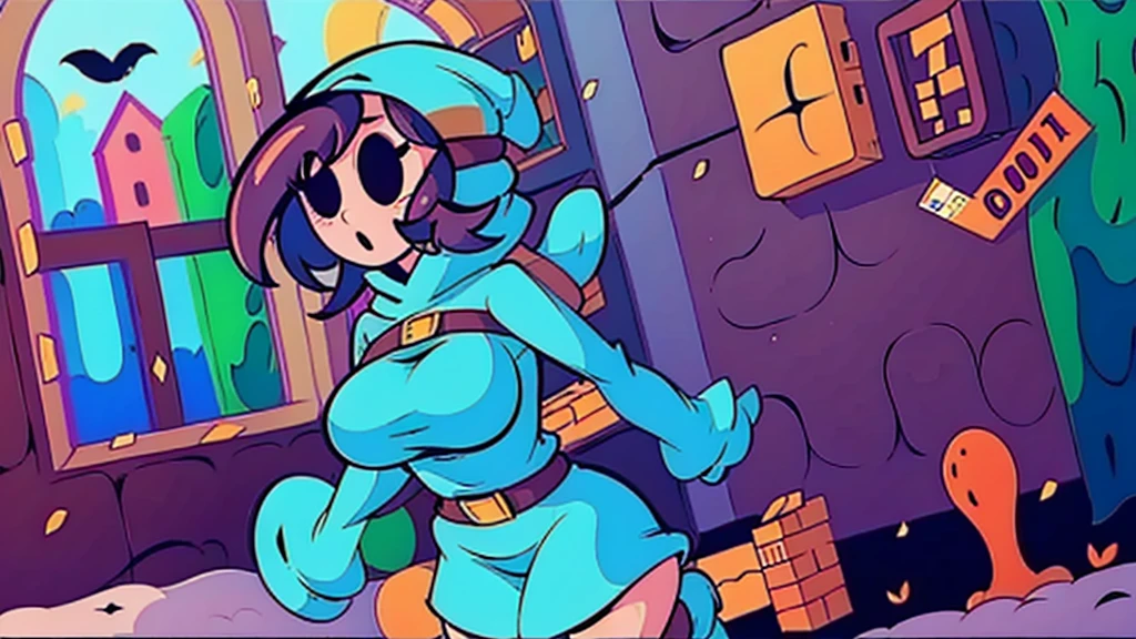 ((shygal)), (sexy), tall, large breasts, curvy, slim, long hair, full body, vibrant colors, color theory, mario background, (stockings), (buckle boots), (((breast window))), (belts), (((hood))), mask, arms, legs, body, (((1 girl)))