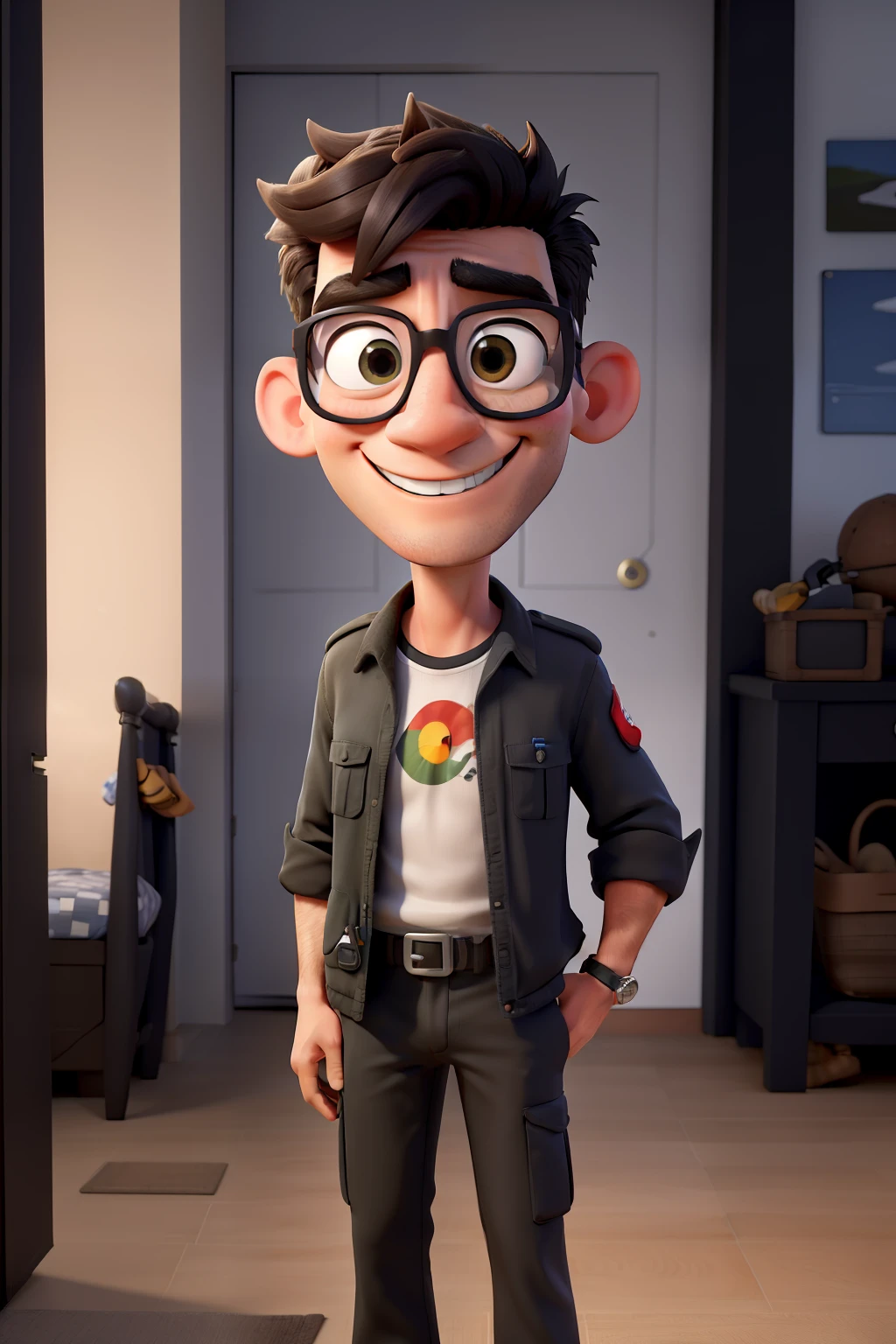No mundo encantador da Disney Pixar, imagine um personagem masculino adulto corajoso e confiante. Dressed in black military pants, a black long-sleeved shirt and sunglasses hiding his eyes. your smile radiates warmth and security, emitindo uma aura de gentileza e tranquilidade, despite its militaristic appearance. A cena ganha vida vividamente no estilo de arte digital exclusivo da Pixar, com detalhes texturizados que fazem cada pixel contar. Cores vibrantes irrompem do fundo, adicionando profundidade