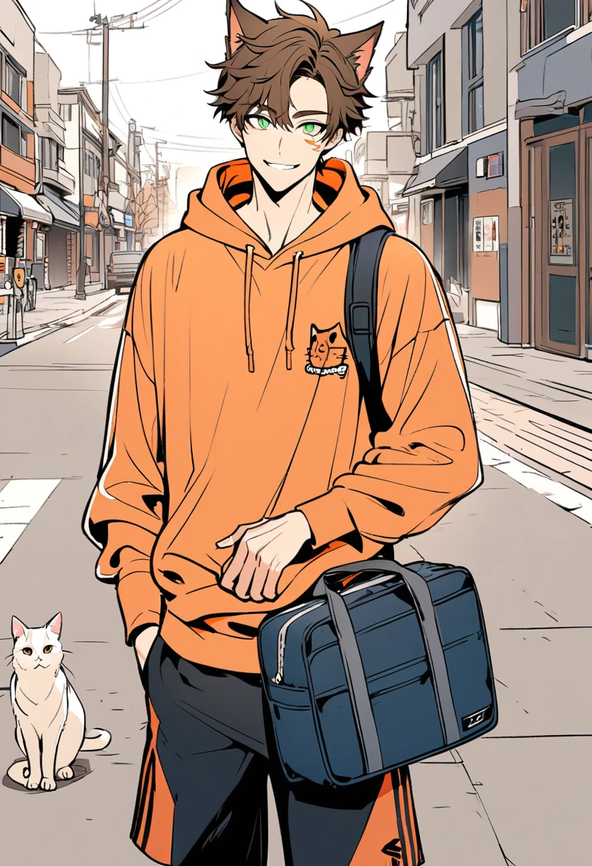 Handsome, solo, 1 male, short hair, 1man, orange hoodie, hand in pocket, school bag, brown hair, green eyes, street, lineart, orange cat, basketball shorts, smile facial, cat boy