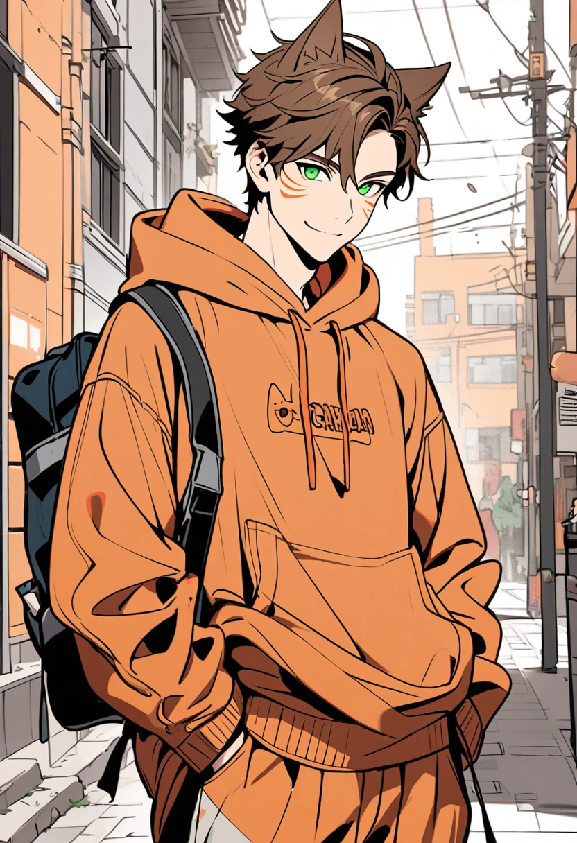 Handsome, solo, 1 male, short hair, 1man, orange hoodie, hand in pocket, school bag, brown hair, green eyes, street, lineart, orange cat, basketball shorts, smile facial, cat boy