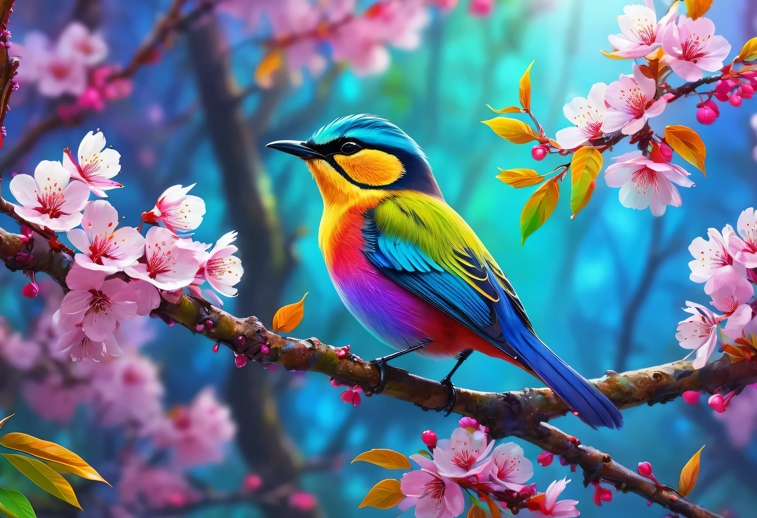 Brightly colored bird perched on a branch in the forest, colorful hd picure, Beautiful art UHD 4K, Detailed painting 4k, colorful 8 k, Magical World. A few cherry blossoms in the background,colorful, beautiful and colorful, beautiful colorful, 4K high-definition digital art, very beautiful digital art, colorfull digital fantasy art, large colorful images, beautiful digital art, colorful bird with a long