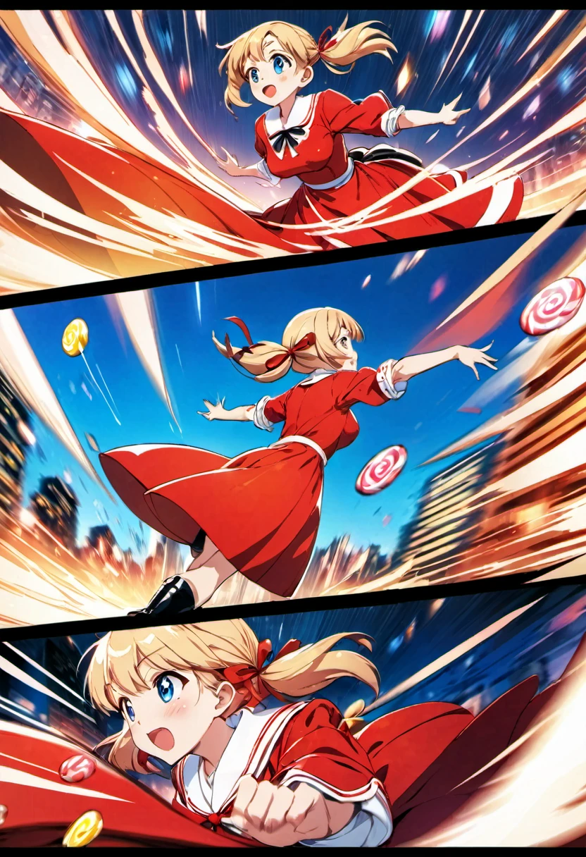 magical motion blur. (best quality, highres, ultra sharp), (motion blur:1.2), Candy Candy\' by Toei Animation, detailed art style, vintage aesthetic, emotional melodrama, inspired by Keiko Nagita and Yumiko Igarashi's original manga, Motion Blur, city night, Blonde, twintails, boots, red dress, ribbon, blue eyes, magical sky, stars, clouds, Motion Blur landscape, motion blur and motion blur, comic, vignettes