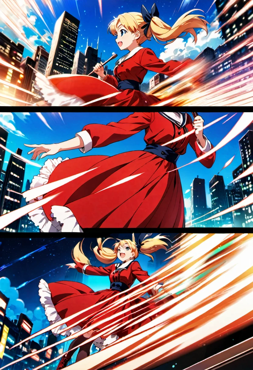 magical motion blur. (best quality, highres, ultra sharp), (motion blur:1.2), Candy Candy\' by Toei Animation, detailed art style, vintage aesthetic, emotional melodrama, inspired by Keiko Nagita and Yumiko Igarashi's original manga, Motion Blur, city night, Blonde, twintails, boots, red dress, ribbon, blue eyes, magical sky, stars, clouds, Motion Blur landscape, motion blur and motion blur, comic, vignettes