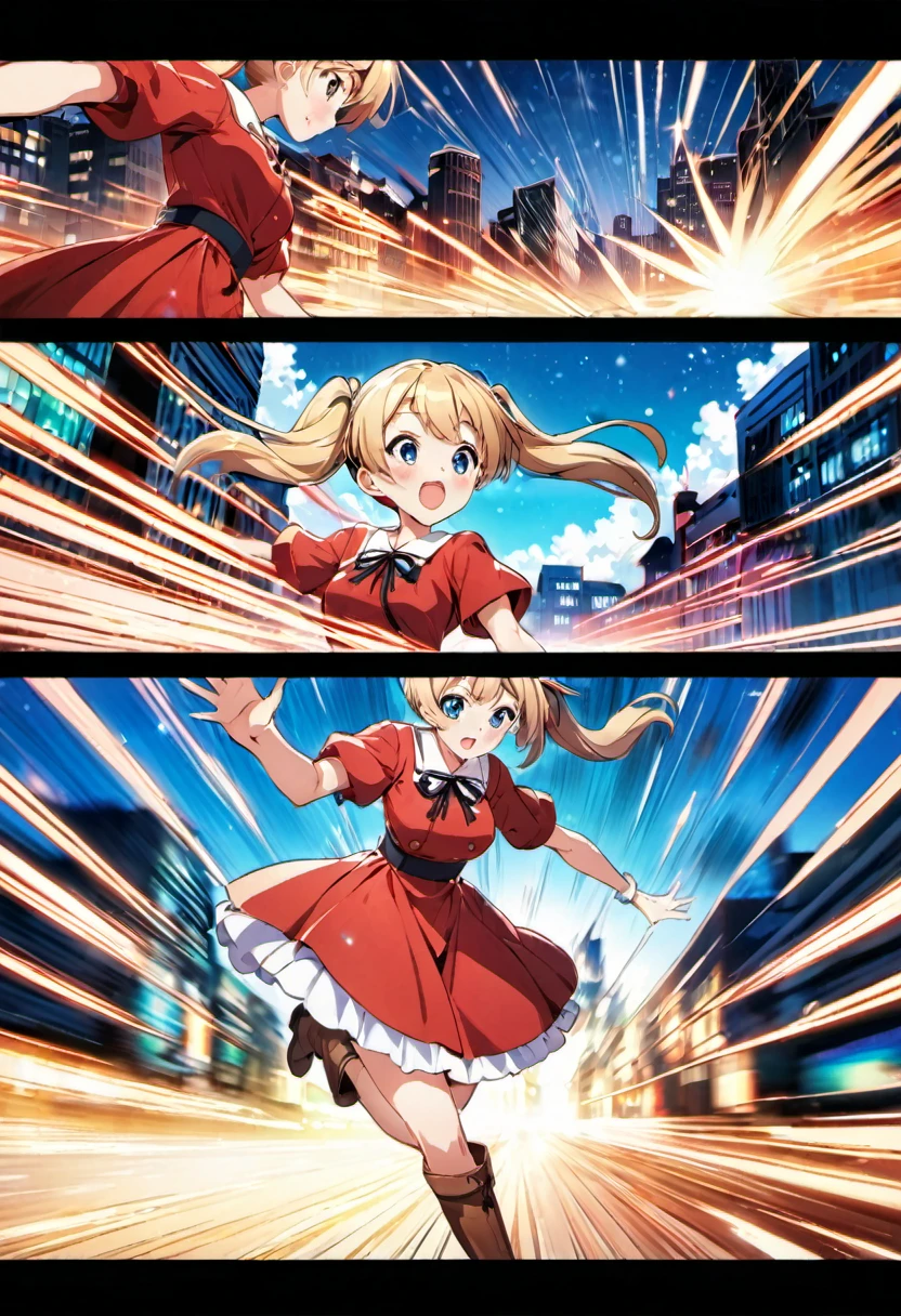 magical motion blur. (best quality, highres, ultra sharp), (motion blur:1.2), Candy Candy\' by Toei Animation, detailed art style, vintage aesthetic, emotional melodrama, inspired by Keiko Nagita and Yumiko Igarashi's original manga, Motion Blur, city night, Blonde, twintails, boots, red dress, ribbon, blue eyes, magical sky, stars, clouds, Motion Blur landscape, motion blur and motion blur, comic, vignettes