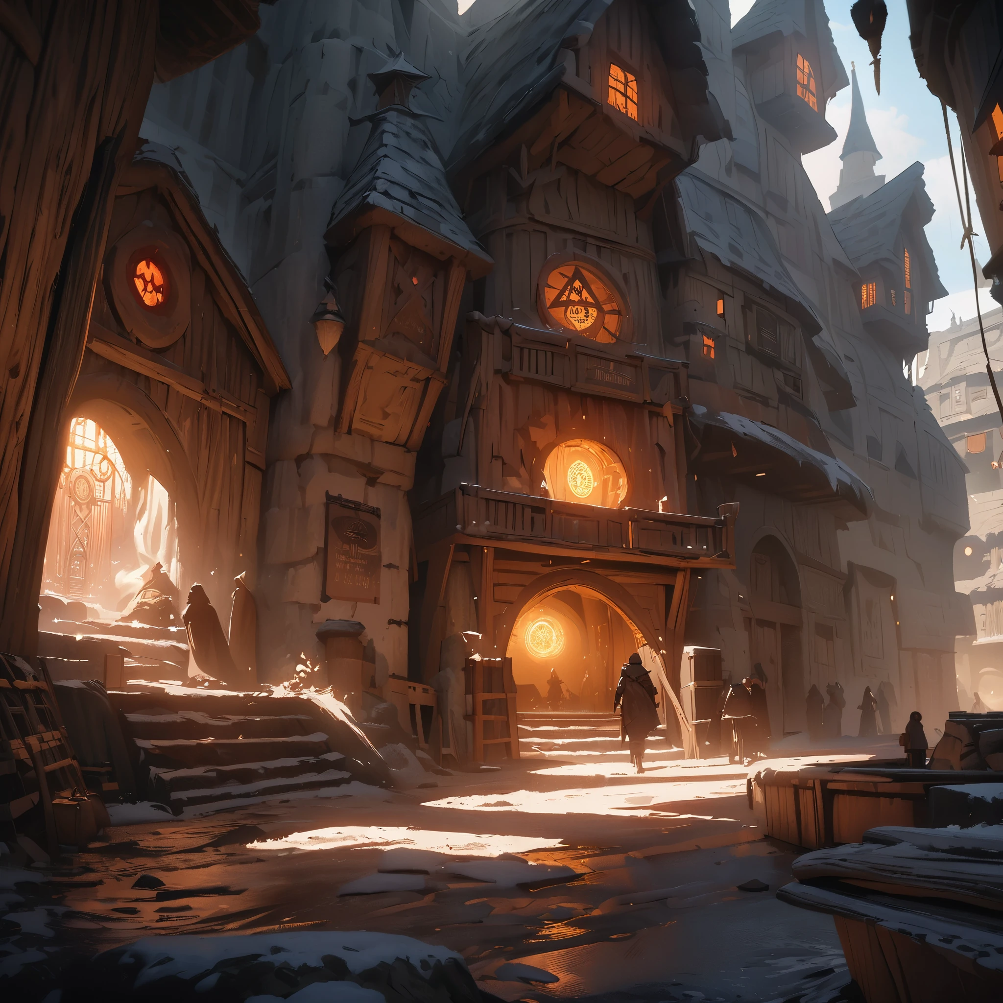 Huge medieval western magical city, in the center of the picture is a witch divination cabin with a sign with a witch logo, very few passersby, best quality, beautiful picture, extreme detail, masterpiece, cinematic light, masterpiece, impasto
