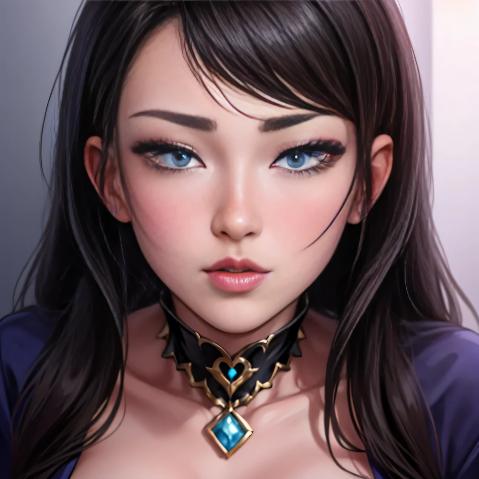 Sexy woman with a tsundere-type personality, intense gaze, and caring eyes, close-up shot emphasizing lips.