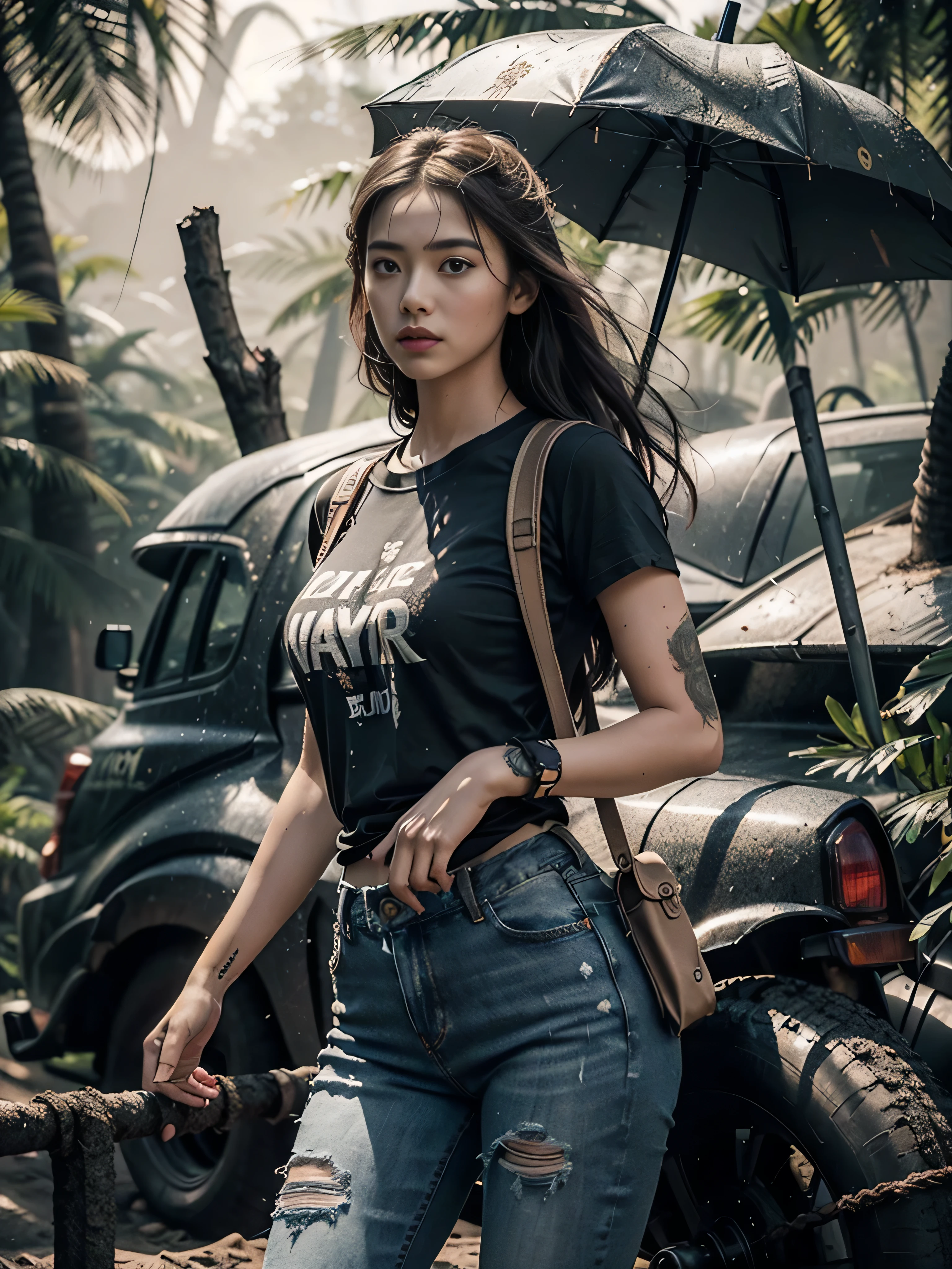 extremely beautiful girl, subtle makeup, photorealistic, high contrast, 8k HD, detailed, hyper-detailed, realistic skin texture, long dark hair, big chest best quality, ultra high res, raw photo, dramatic lighting, outdoor, forest, standing, a beautiful cinematic masterpiece portrait of Turkish white hair's young women as lara croft from tomb raider, fringes hairstyle, blue eyes, perfect eyes, highly detailed face, covered in dirt, treasure hunter, ((normal basic teeshirt, full length black tee-shirt, tight jeans)), with a complex deep jungle background with ancient jungle ruins, by gil elvgren, by frank frazetta, by greg rutkowski, trending on artstation, featured on pixiv, hyper detailed, beautiful studio lights, intricate elegant digital painting, cinematic composition, dramatic pose, smooth, sharp focus, (((professional photography))),dappled light, romantic, HDR, highly detailed, hasselblad, 8k, hyper realistic, eye level shot, f1.4 aperture, 8mm film grain, cinestill 800, full body Teeshirt, adventures girl carrying umbrella in hand, with small bagpack,