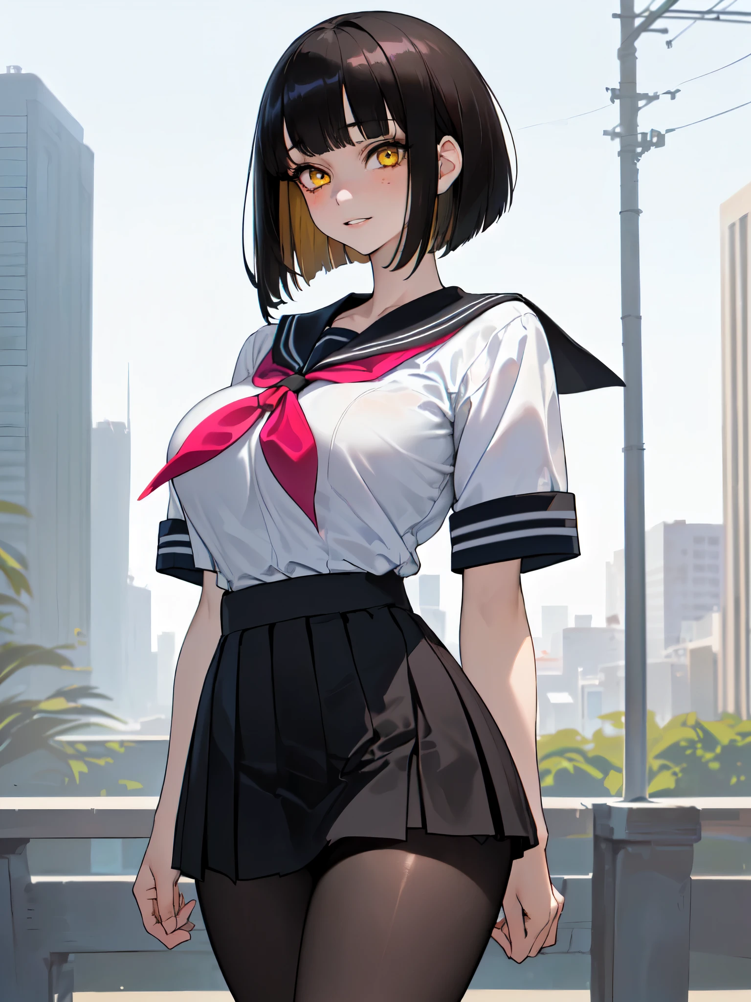 SFW (masterpiece, best quality, 32k) a teenage girl with medium black hair ((stark black hair, coal black hair, bangs, diagonal bangs, blunt bangs, bob, messy bob, wavy bob, inverted bob)), ((brown eyes, yellow eyes, amber eyes, golden eyes, eagle eyes:1.5, bright eyes, beautiful eyes, detailed eyes, finely detailed eyes, highly detailed eyes)) ((youthful face, beautiful face, cute face, sexy face)), ((pale skin, white skin, porcelain skin, smooth skin, soft skin)), standing, walking, outside, outdoors, city, modern city, sidewalk, buildings, skyscrappers, sky, clouds, simple background. ((Modern clothes, academy uniform, uniform, serafuku, sailor uniform, white shirt, short-sleeved shirt, sailor collar, pink ribbon, black miniskirt, high-waist miniskirt, black pantyhose)), ((huge breasts:1.7, enormous breasts:1.4, gigantic breasts:1.4, round breasts:1.3, perky breasts:1.3)), ((slim:1.4, lithe:1.4, slender:1.4, thin:1.4, busty:1.2, buxom:1.2, supermodel body:1.2, svelte body:1.2, fit body:1.2)), ((round hips, thin waist, waspish waist, slim waist)), ((long legs, slender legs)), small smile ((full lips)), calm expression, content expression, serene expression, happy expression, open eyes, large eyes, expressive eyes, head-to-waist portrait, cinematics, color oil painting, cinematic lighting, ((extremely detailed face)), ((finely detailed face)), Extremely detailed eyes, finely detailed eyes, beautiful face, beautiful eyes, perfect lighting, depth of field, (realistic proportions), (good anatomy), ((solo:1.6)), ((1girl:1.6))